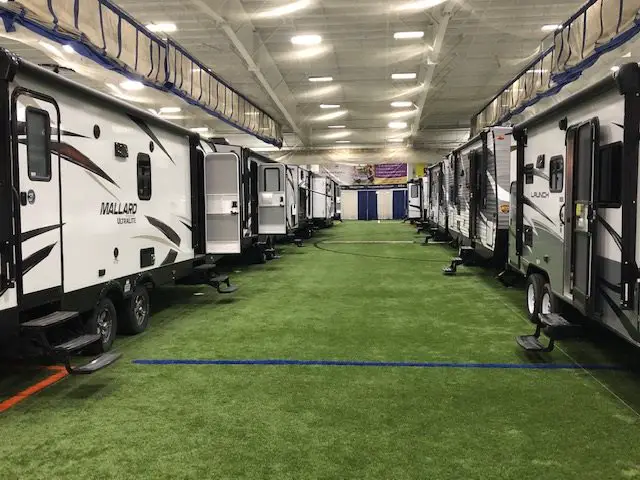 2 rows of RVs inside the The Hampshire Dome