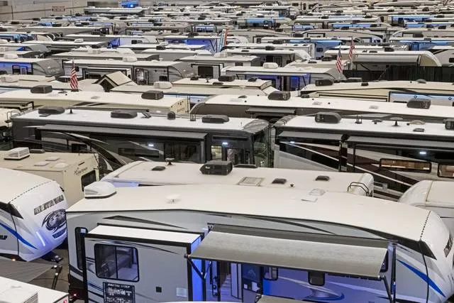 Inside the Pittsburgh RV Show with rows and rows of RVs