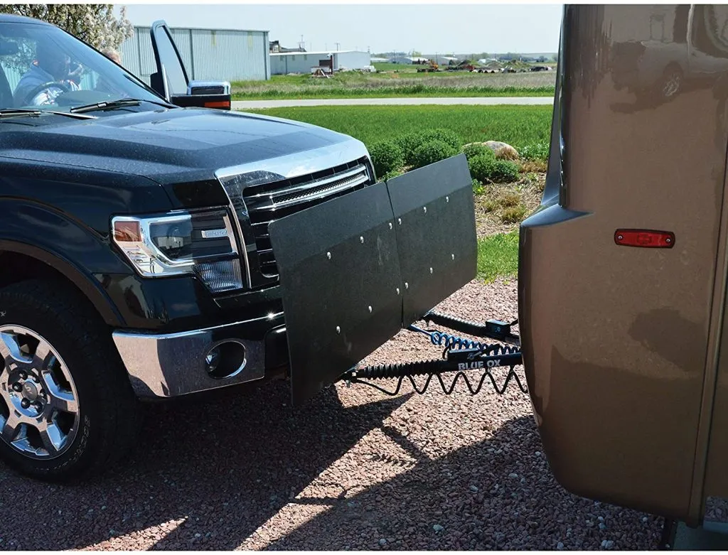 Image of a Blue Ox BX8870 KarGard Protective Shield installed on a pickup truck - a  tow car shield