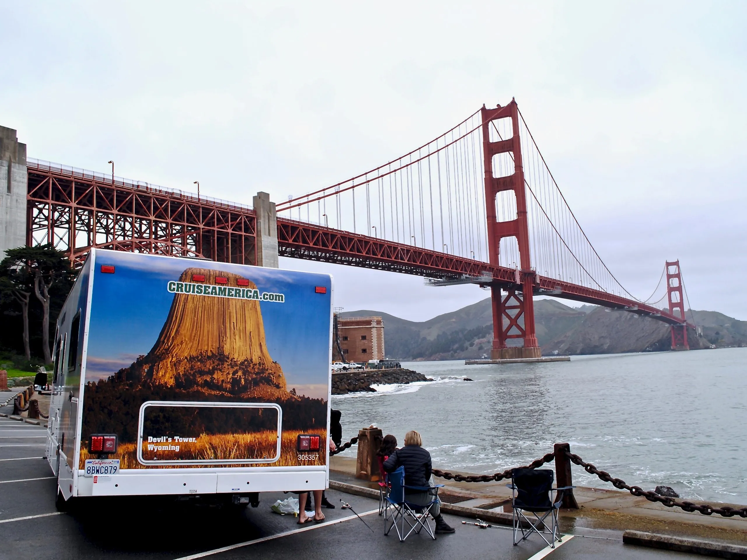 Rental motorhome parked with San Francisco bridge in the background