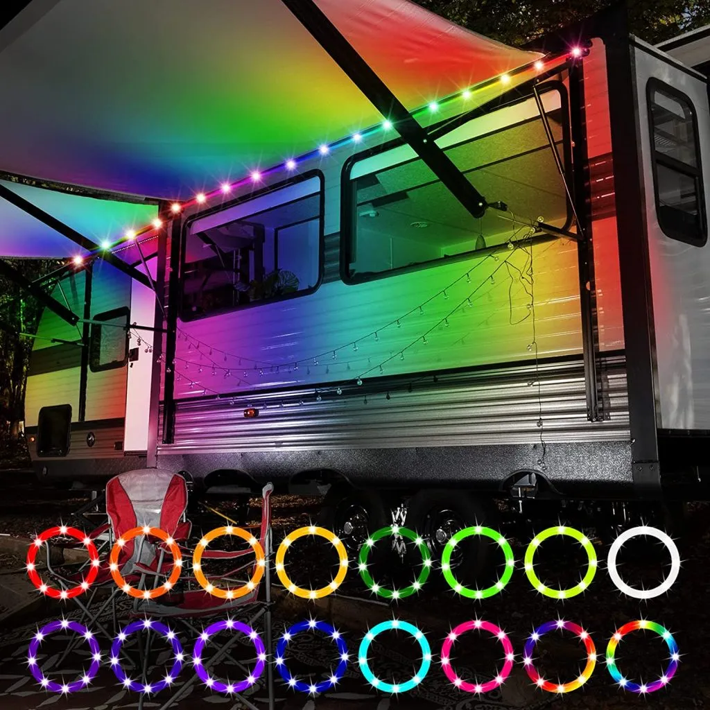 Colorful LED strip light along RV awning with all colors shown - RV awning lights