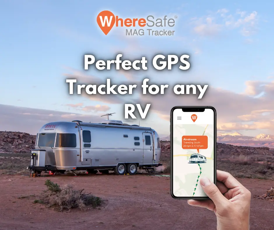 Airstream parked in the desert with WhereSafe GPS app in the foreground