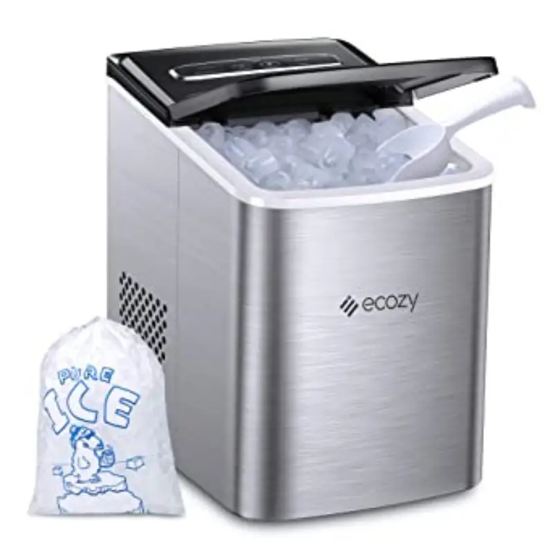 Portable ice maker with a bag of ice beside it - RV gift ideas