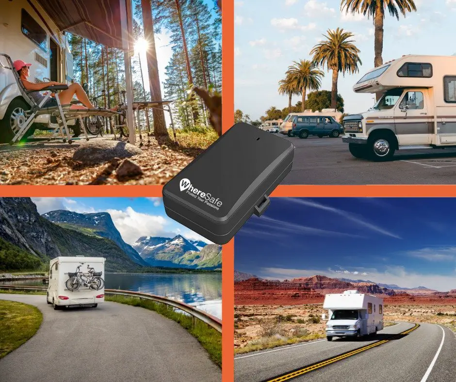 4-way split image of 4 different RVs with WhereSafe tracker in the center